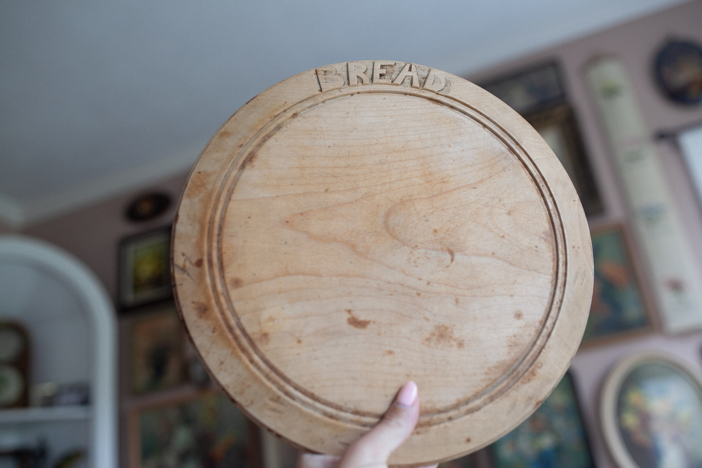 Vintage Bread Board- Cutting Board- Hand Carved English Circular Cutting Board