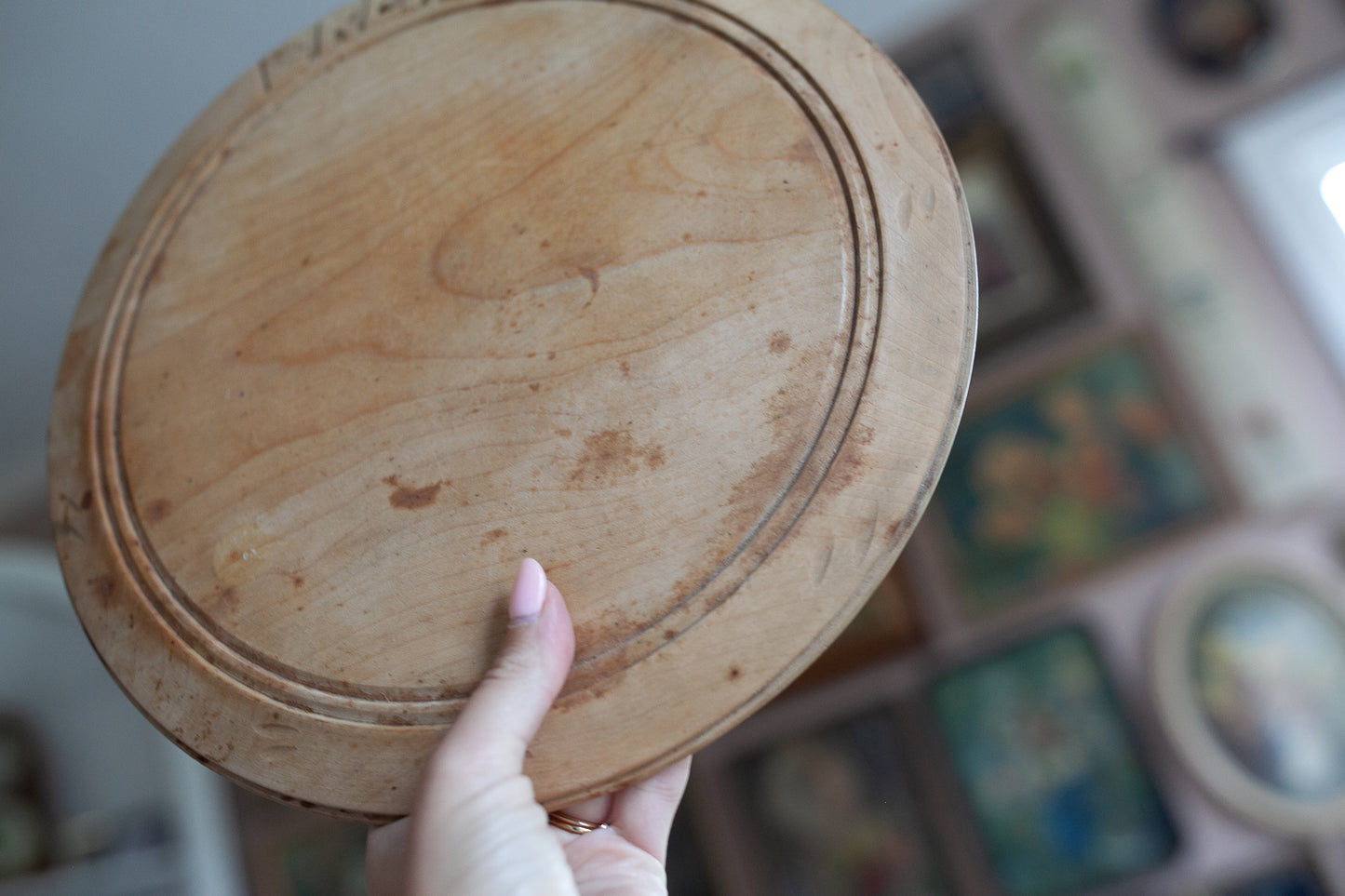 Vintage Bread Board- Cutting Board- Hand Carved English Circular Cutting Board