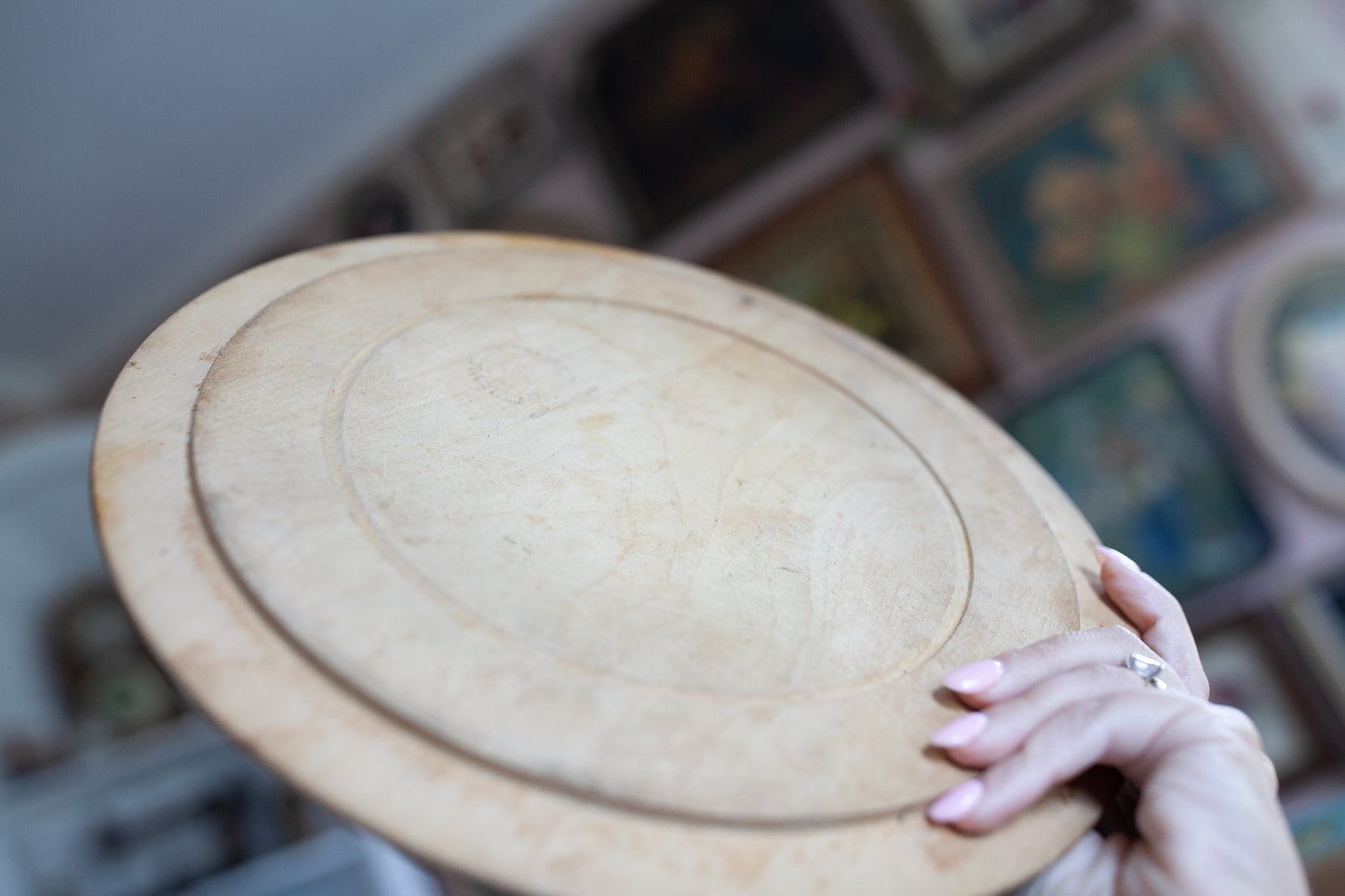 Vintage Bread Board- Cutting Board- Hand Carved English Circular Cutting Board