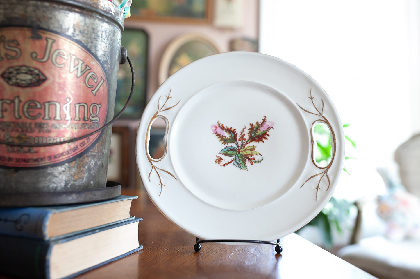 Vintage Moss Rose Cake Plate -Porcelain Handled Plate