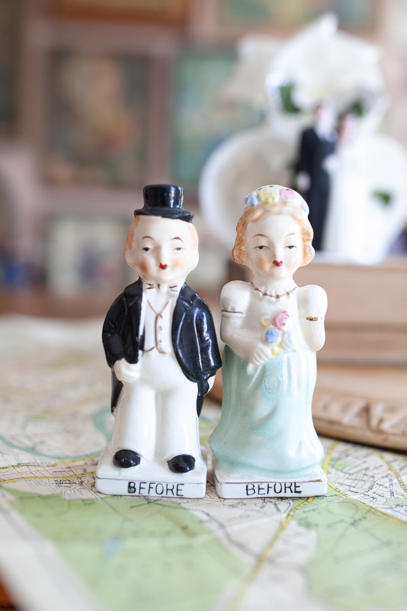 Vintage Wedding Salt and Pepper Shakers- Bride and Groom- Vintage Before and After -Anniversary present