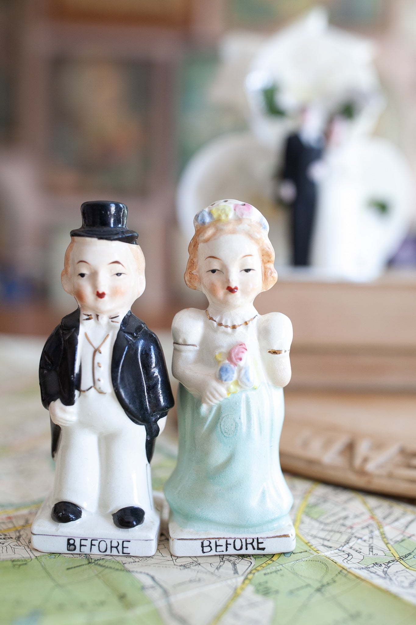 Vintage Wedding Salt and Pepper Shakers- Bride and Groom- Vintage Before and After -Anniversary present