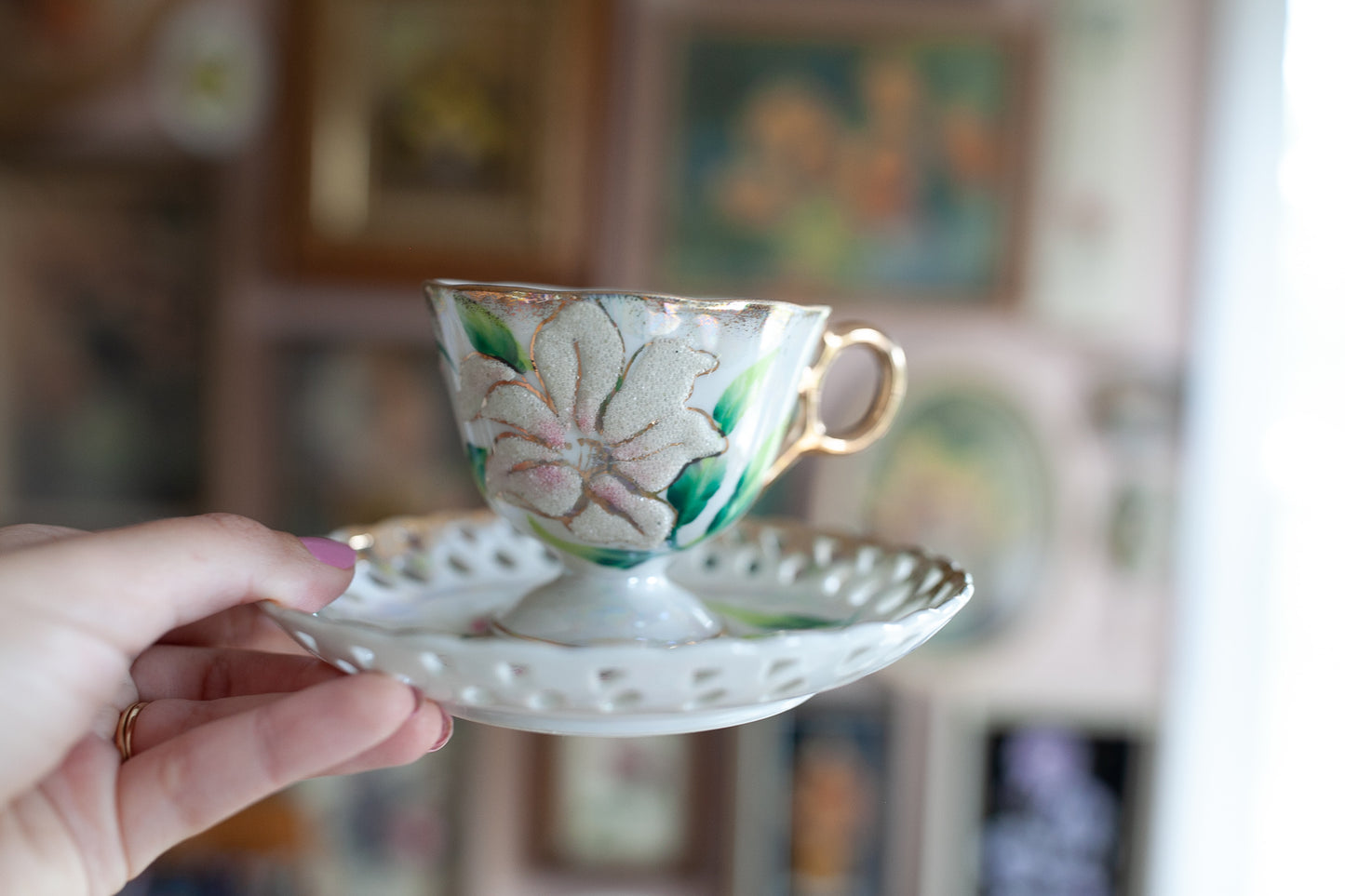 Vintage Teacup - Iridescent Gold Gilt Sugar Textured Teacup and Saucer Set