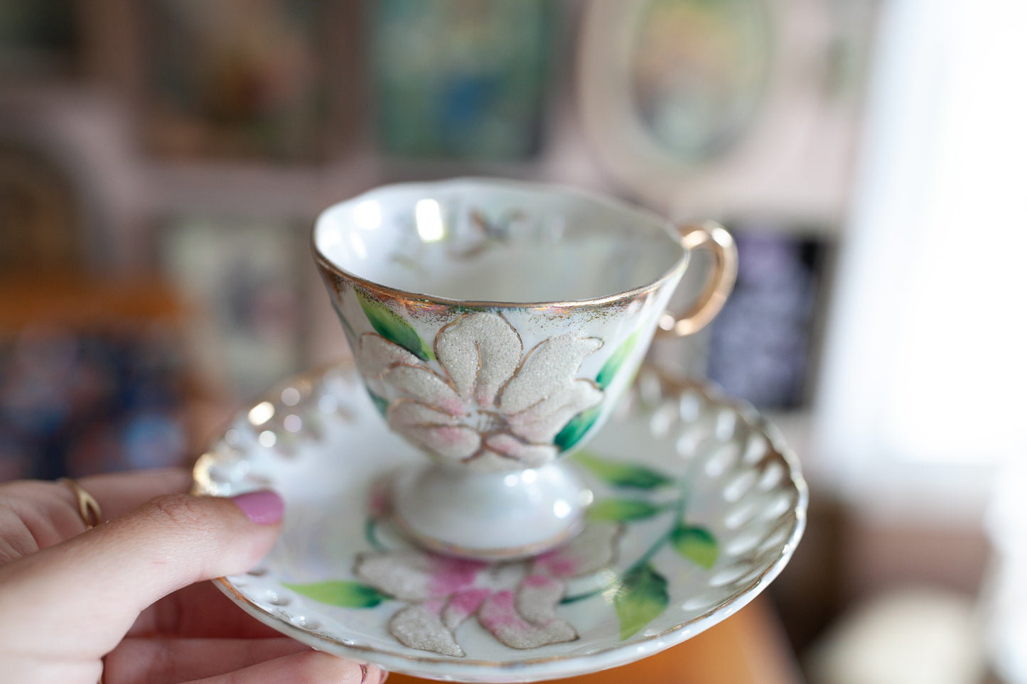 Vintage Teacup - Iridescent Gold Gilt Sugar Textured Teacup and Saucer Set