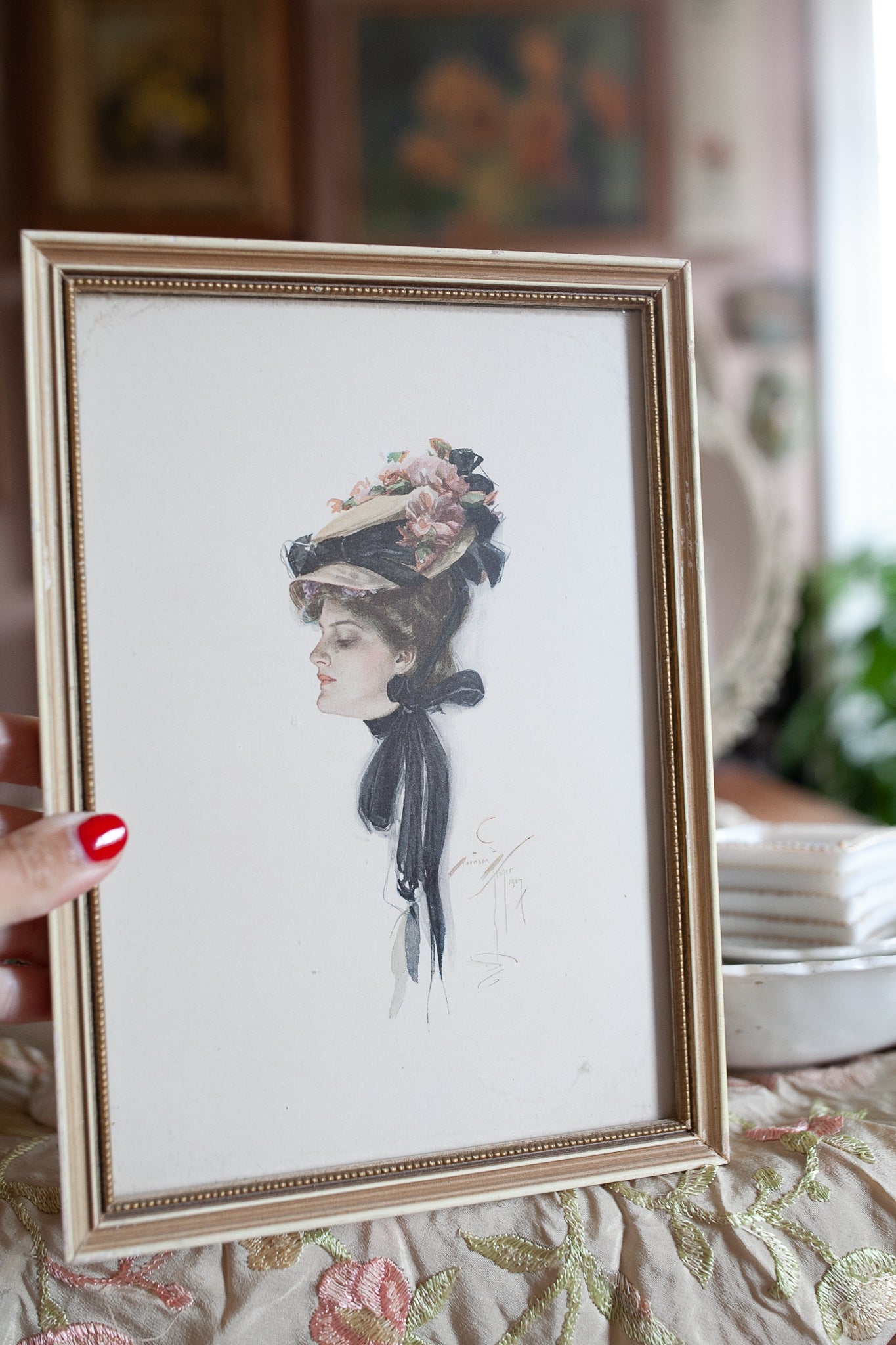 Vintage Harrison Fisher Framed Print Woman In Flower Bonnett with signature