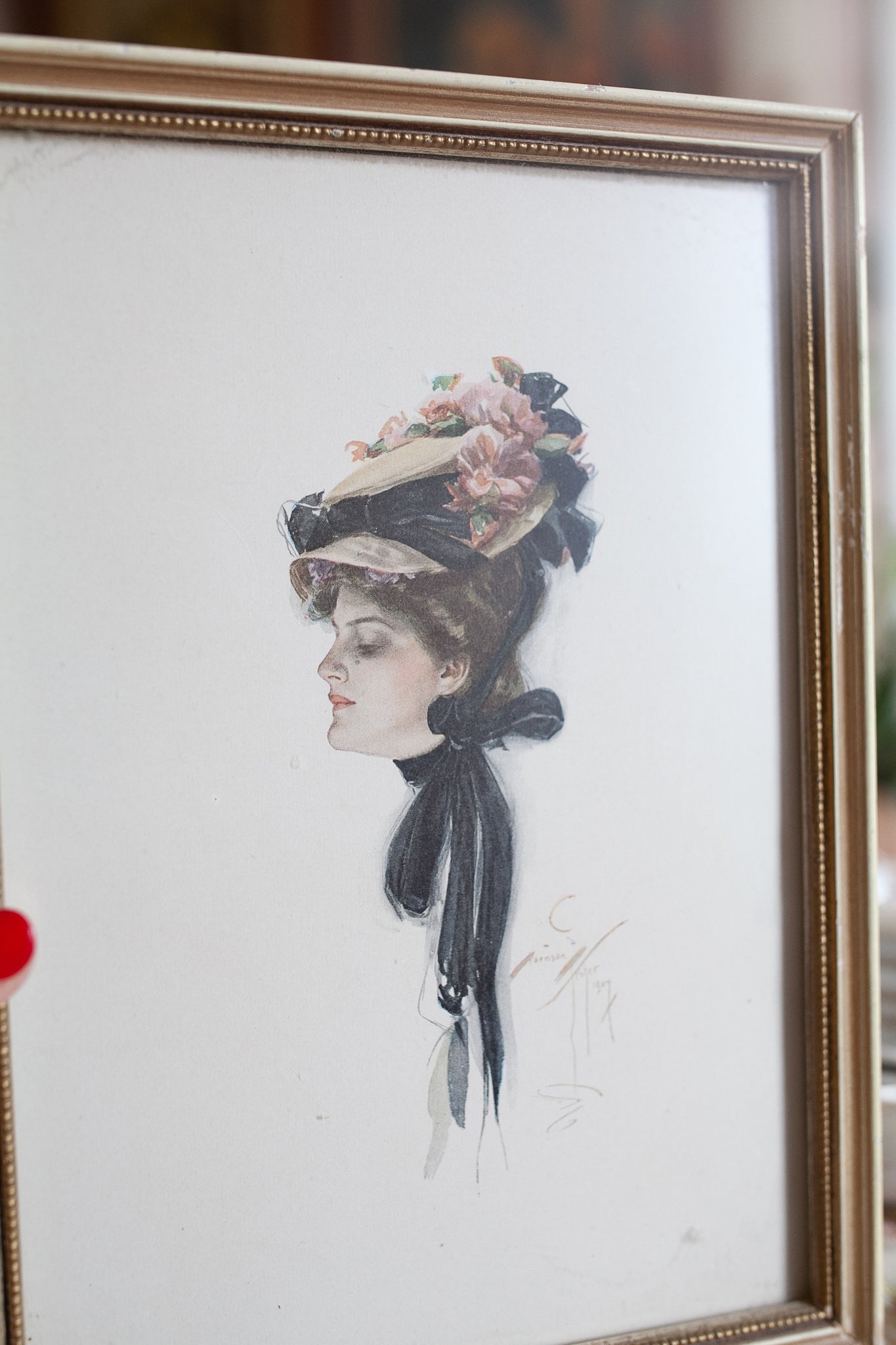 Vintage Harrison Fisher Framed Print Woman In Flower Bonnett with signature