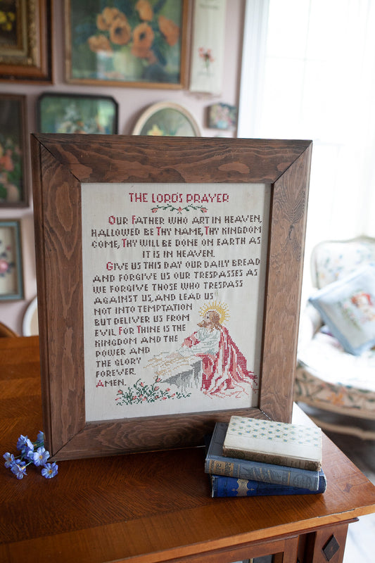 The Lord's Prayer -Cross Stitch Artwork Framed- Vintage Sampler- Our Father Prayer