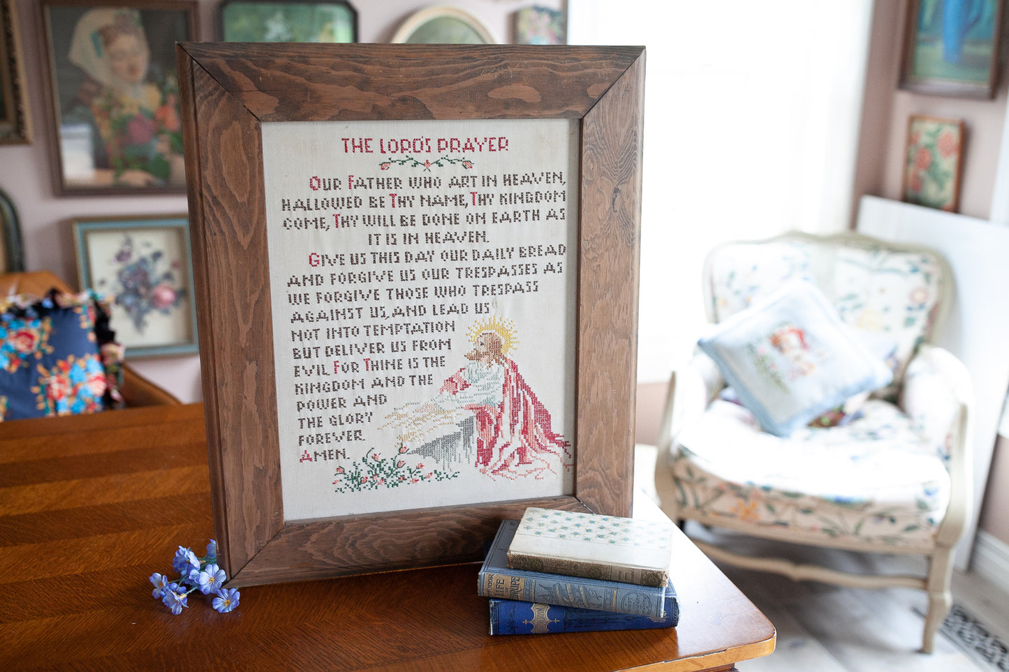 The Lord's Prayer -Cross Stitch Artwork Framed- Vintage Sampler- Our Father Prayer