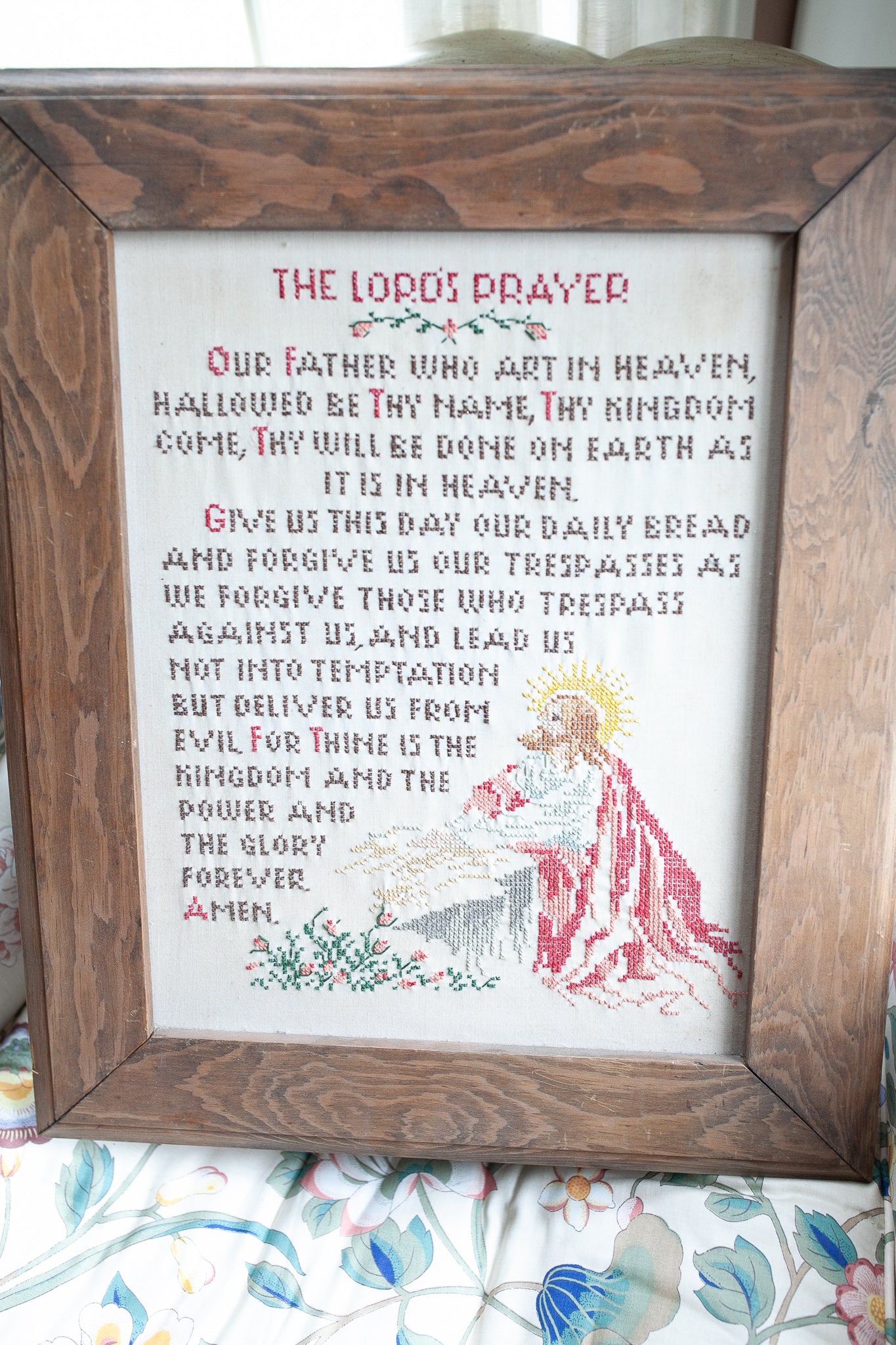 The Lord's Prayer -Cross Stitch Artwork Framed- Vintage Sampler- Our Father Prayer