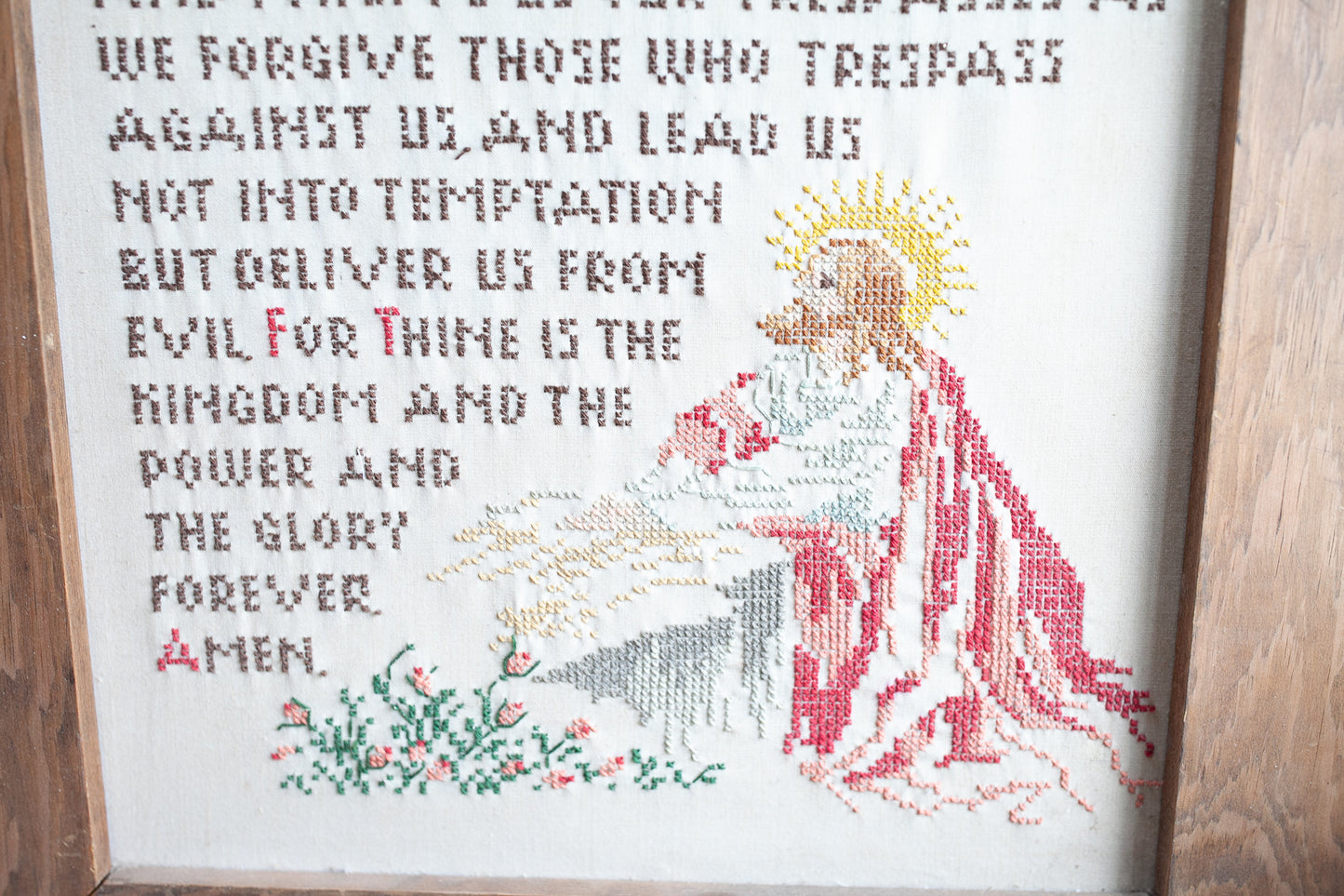 The Lord's Prayer -Cross Stitch Artwork Framed- Vintage Sampler- Our Father Prayer