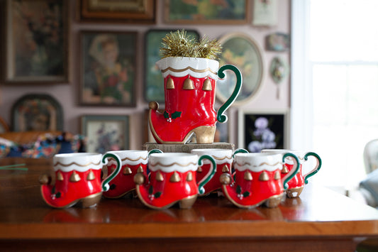 Christmas Mug Set - Vintage Mugs- Elf Shoes - Christmas Mugs