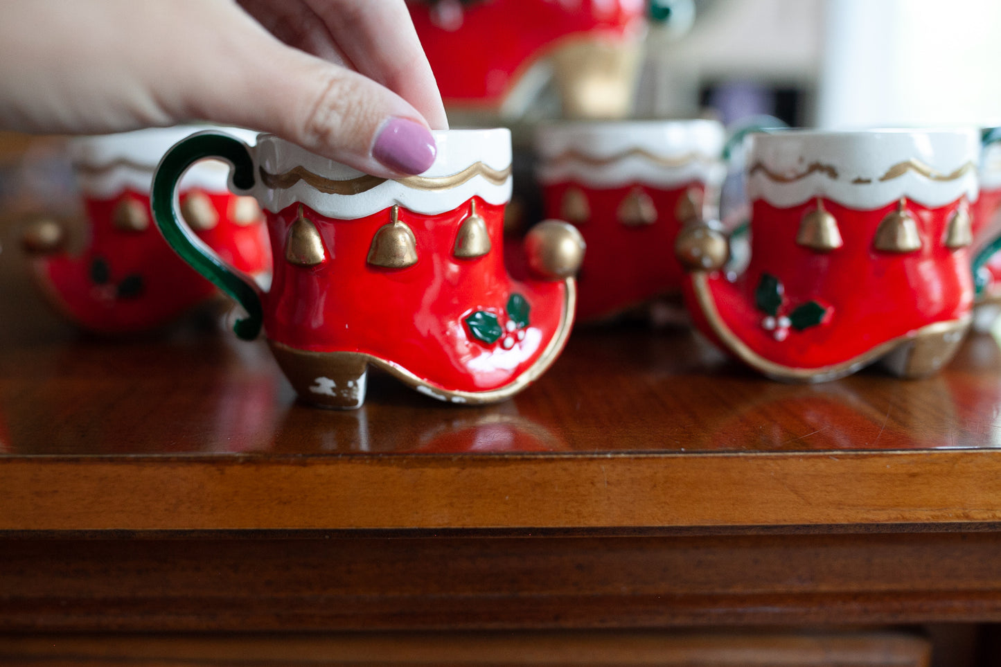 Christmas Mug Set - Vintage Mugs- Elf Shoes - Christmas Mugs