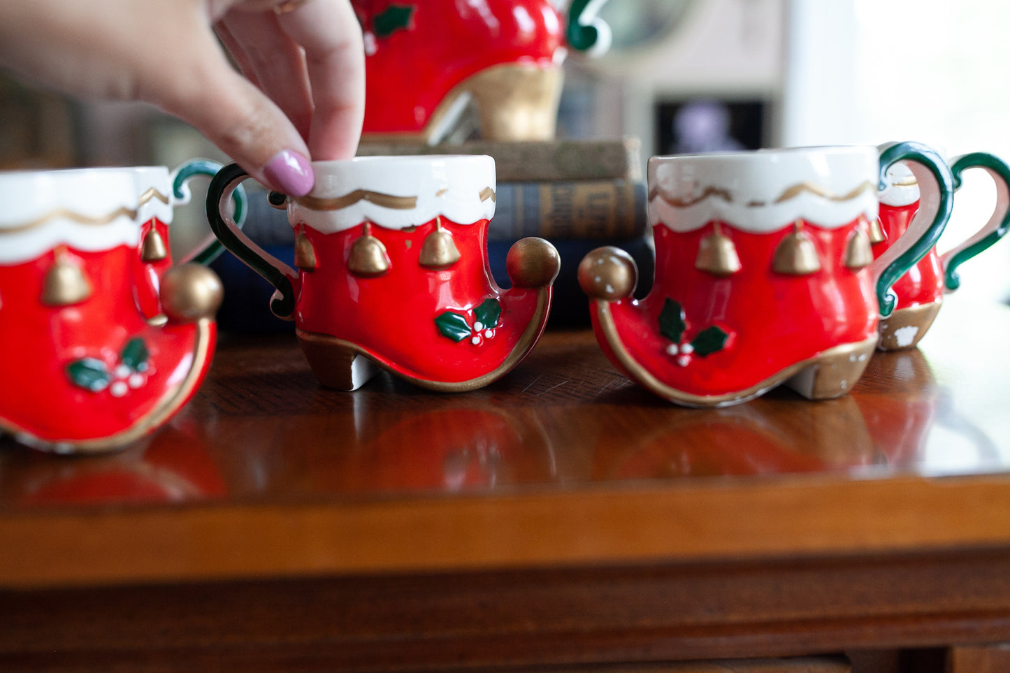 Christmas Mug Set - Vintage Mugs- Elf Shoes - Christmas Mugs