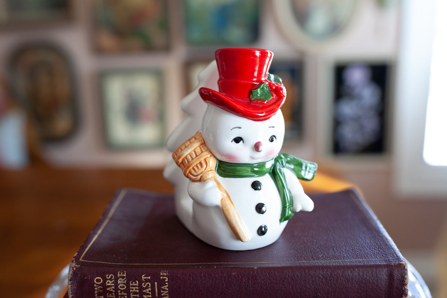 Vintage Ceramic Napkin Holder of Snowman Wearing a Top Hat with Broom and Scarf by Lefton Japan