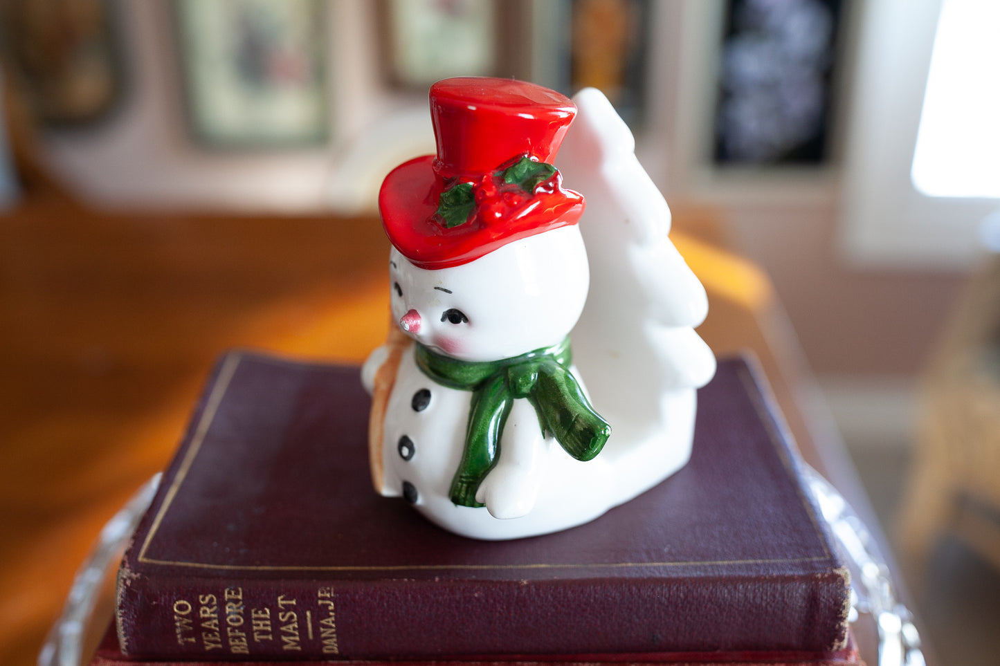 Vintage Ceramic Napkin Holder of Snowman Wearing a Top Hat with Broom and Scarf by Lefton Japan