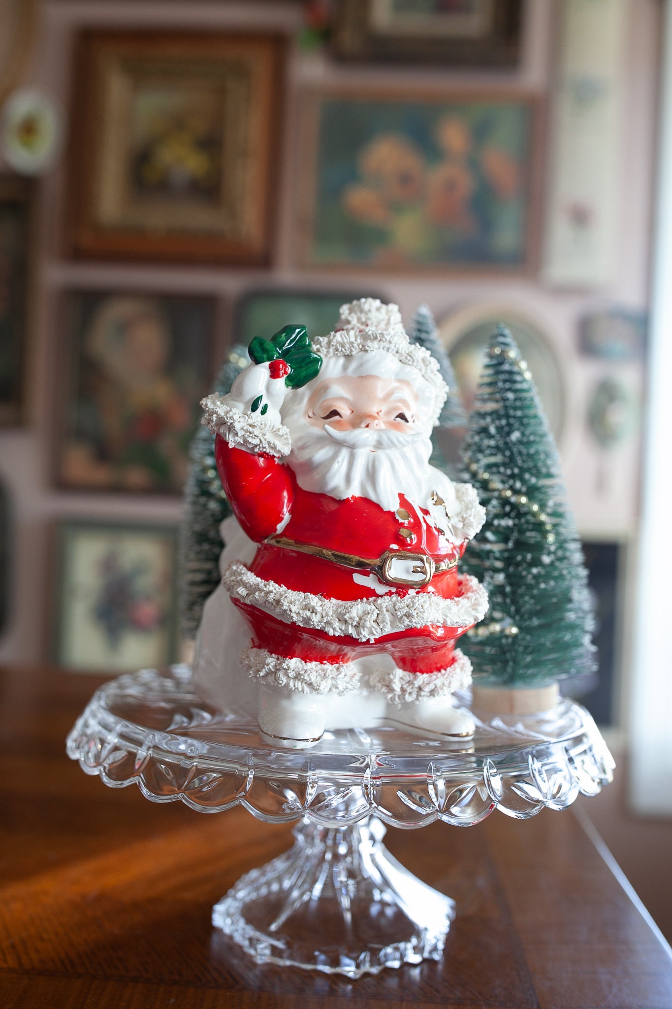 Napco Ilx266 Large Santa Claus Christmas Planter W-Bag-Holly- Spaghetti Trim - Vintage Santa