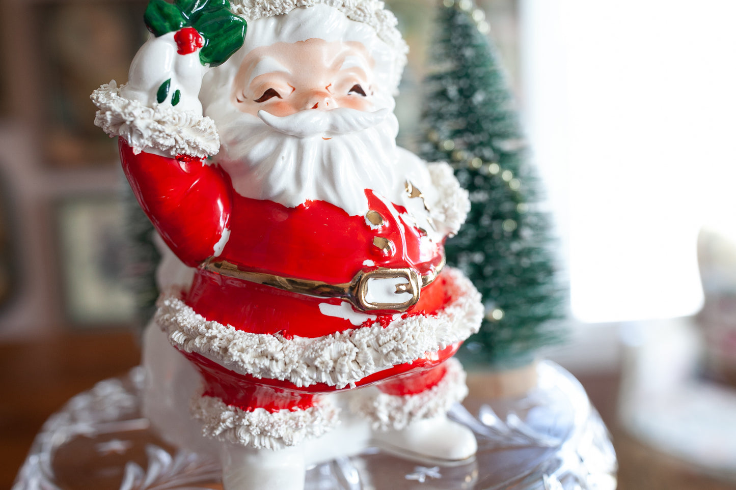 Napco Ilx266 Large Santa Claus Christmas Planter W-Bag-Holly- Spaghetti Trim - Vintage Santa
