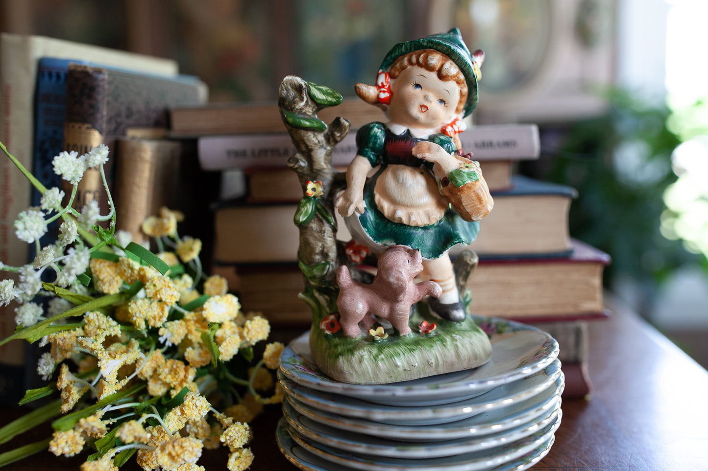 Vintage Porcelain Figurine - Girl with flowers and puppy