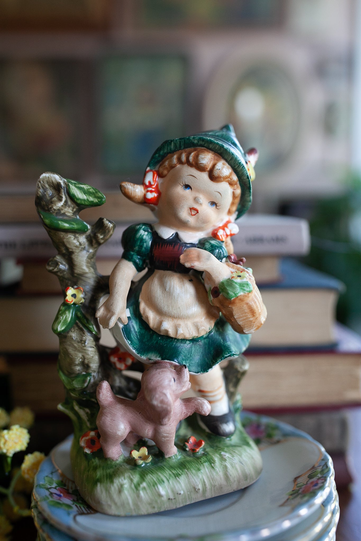 Vintage Porcelain Figurine - Girl with flowers and puppy