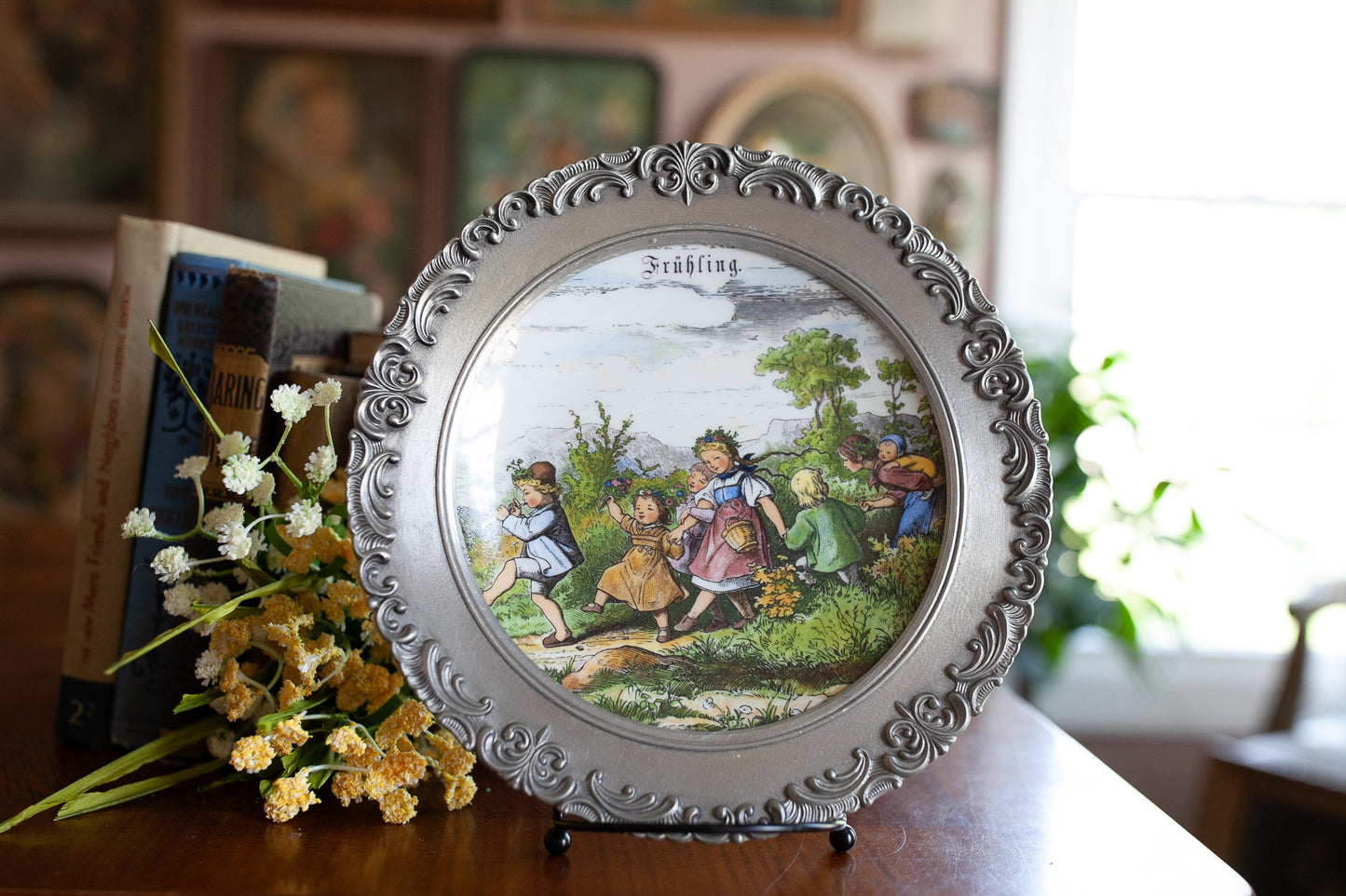 Collectible Porcelain Plate with Pewter Frame,  Pewter German Plate, Fruhling, Vintage, Scherzer Bavarian Germany, Children Frolicking Scene