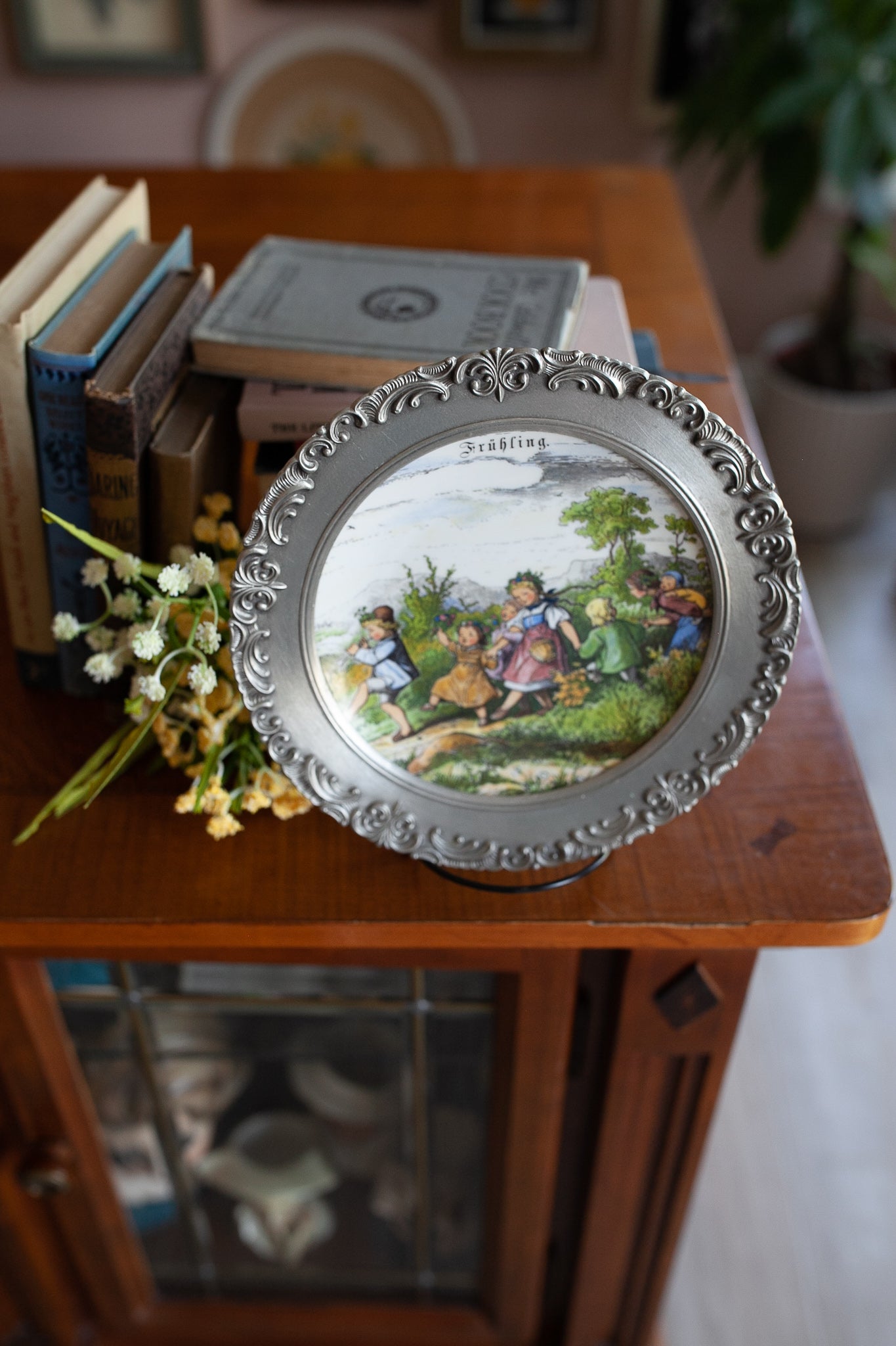Collectible Porcelain Plate with Pewter Frame,  Pewter German Plate, Fruhling, Vintage, Scherzer Bavarian Germany, Children Frolicking Scene