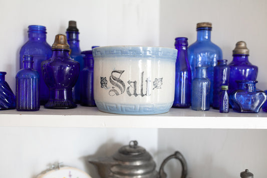 Antique Salt Crock - Salt Stone Bowl - Blue and White