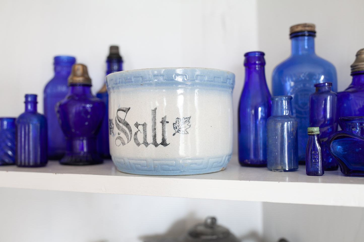 Antique Salt Crock - Salt Stone Bowl - Blue and White