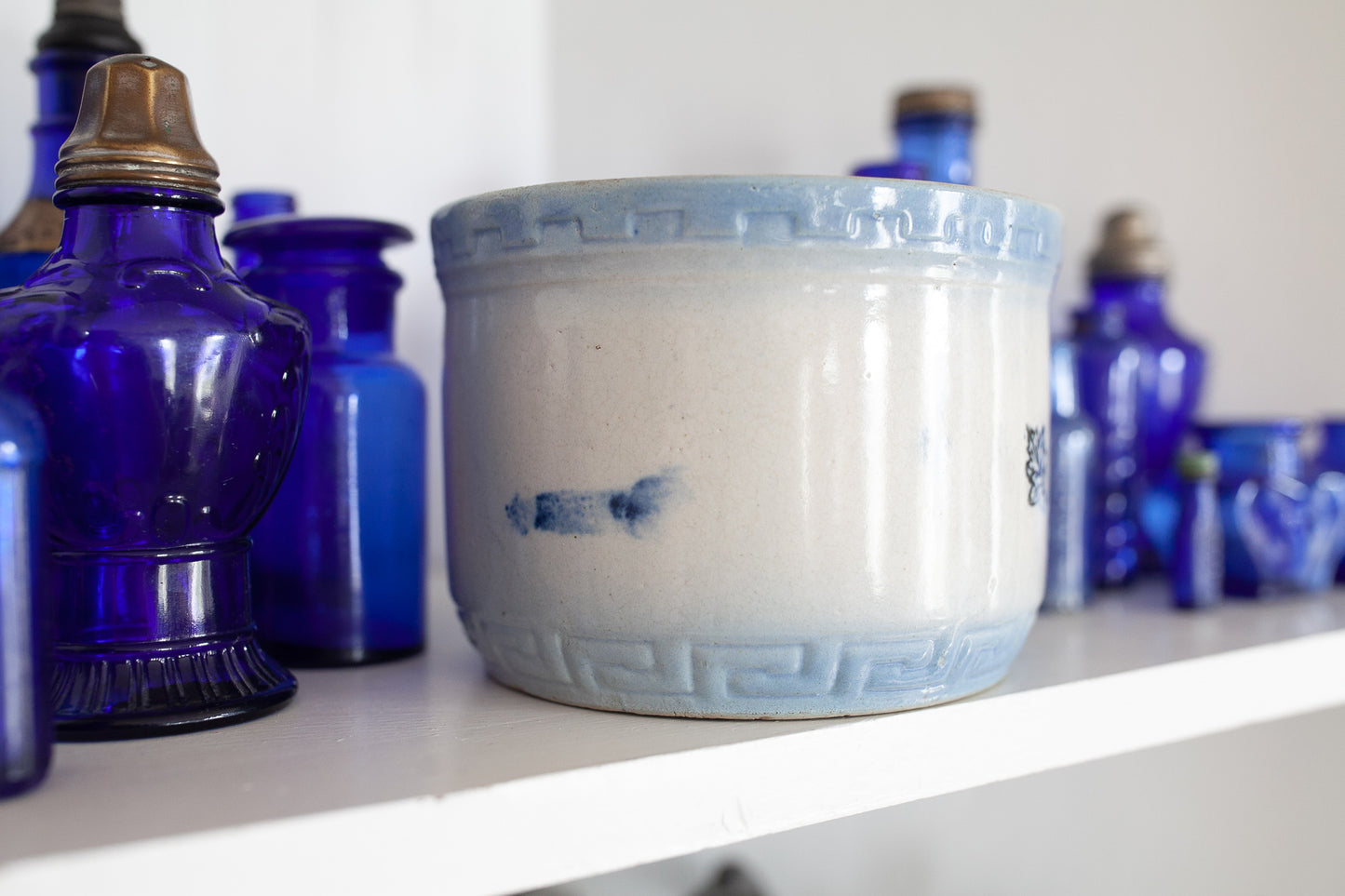 Antique Salt Crock - Salt Stone Bowl - Blue and White