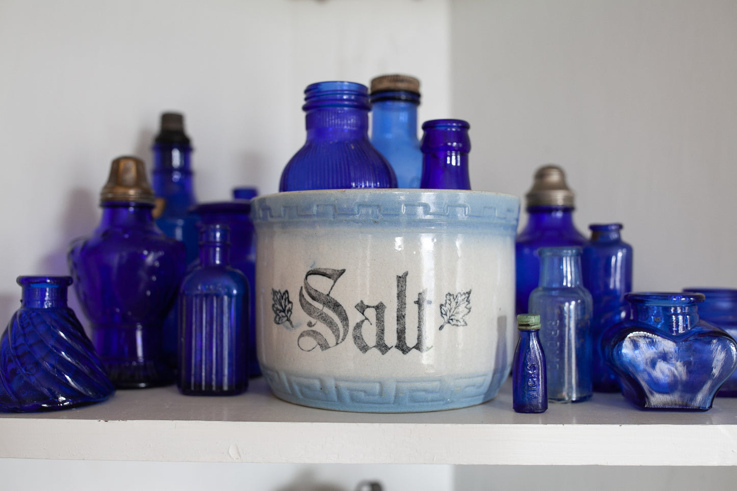 Antique Salt Crock - Salt Stone Bowl - Blue and White