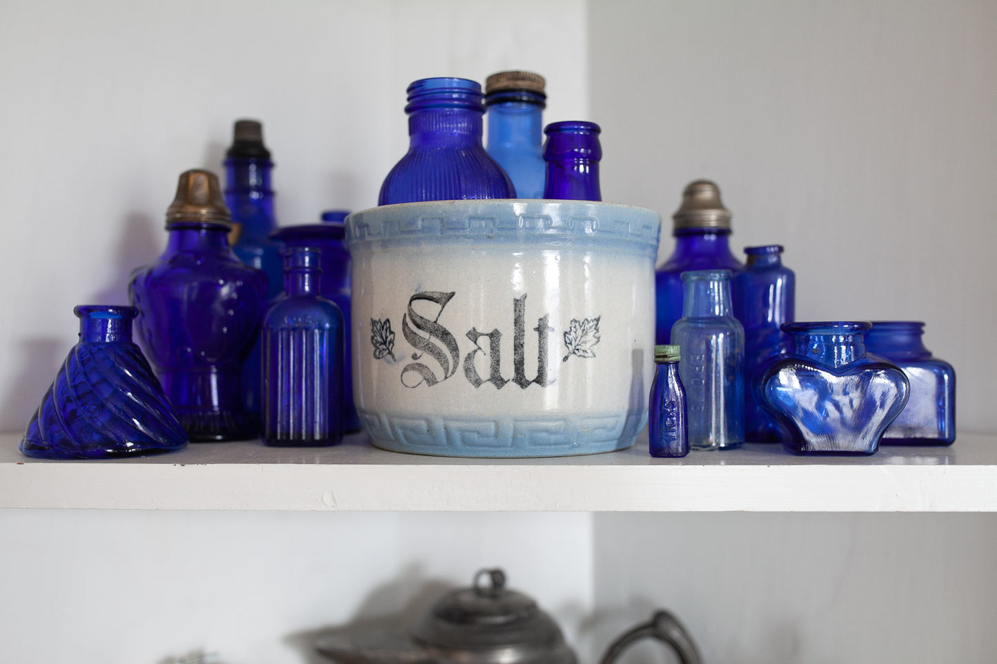 Antique Salt Crock - Salt Stone Bowl - Blue and White