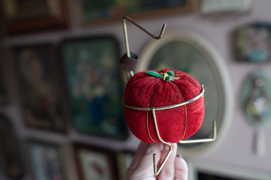 Vintage Pin Cushion and Stand - Tomato Pin Cushion