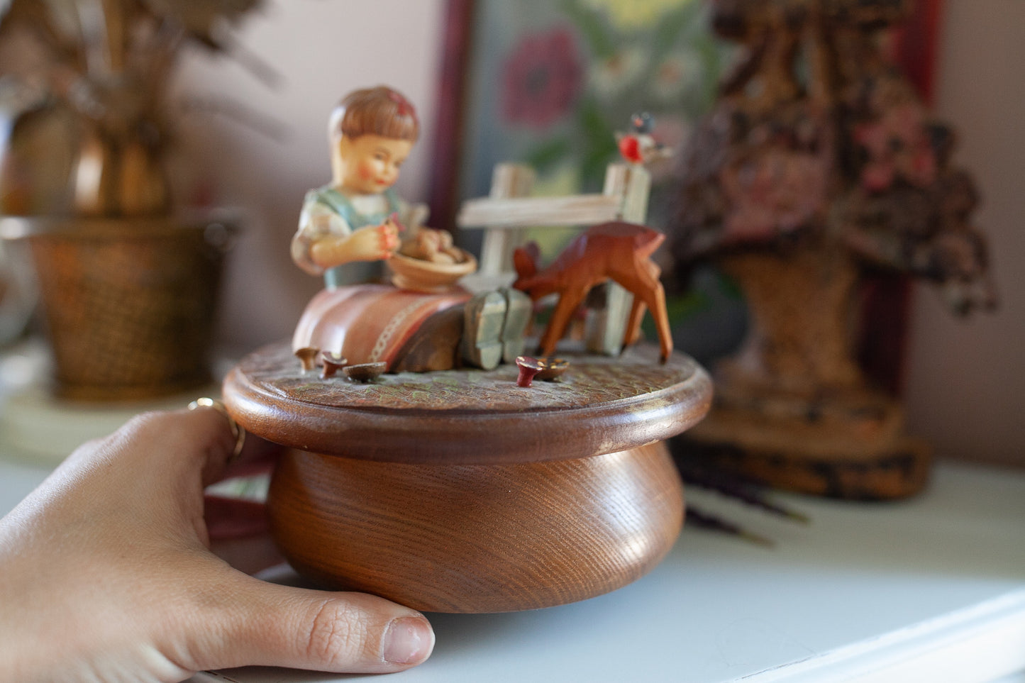 Vintage Anri Thorens Swiss Music Box Girl Deer Birds Mushrooms Hi Lilli Hilo