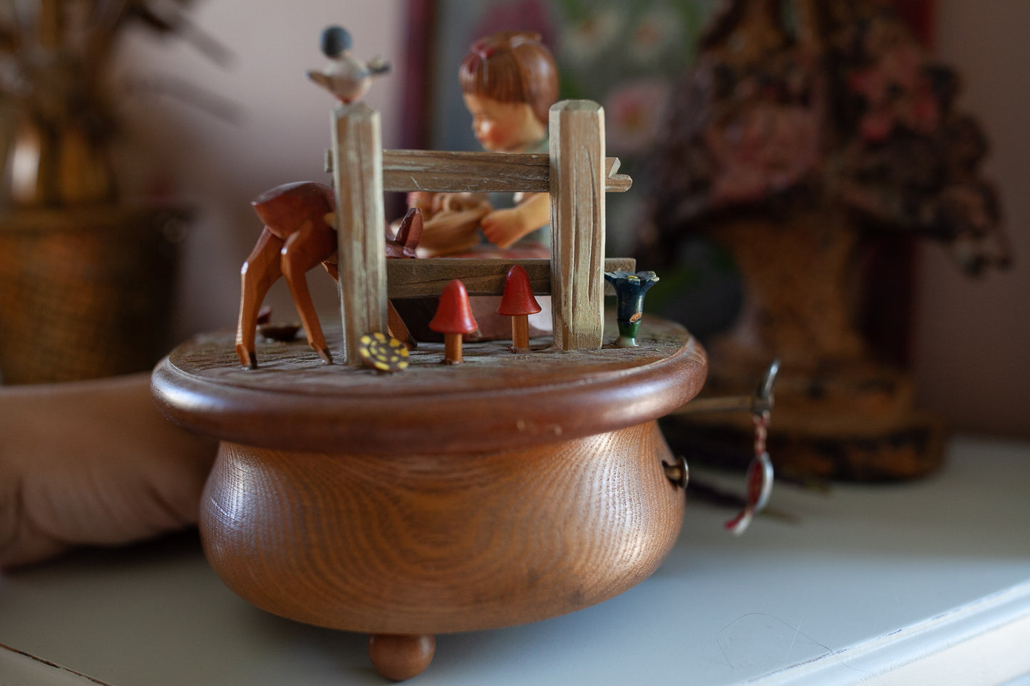 Vintage Anri Thorens Swiss Music Box Girl Deer Birds Mushrooms Hi Lilli Hilo