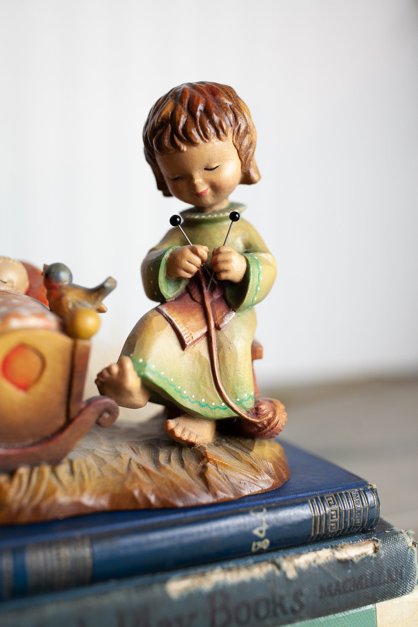 Anri Rock A Bye Baby Girl Knitting Rocking Cradle Italy Figurine 6" Wood Carving  - ANRI figurine