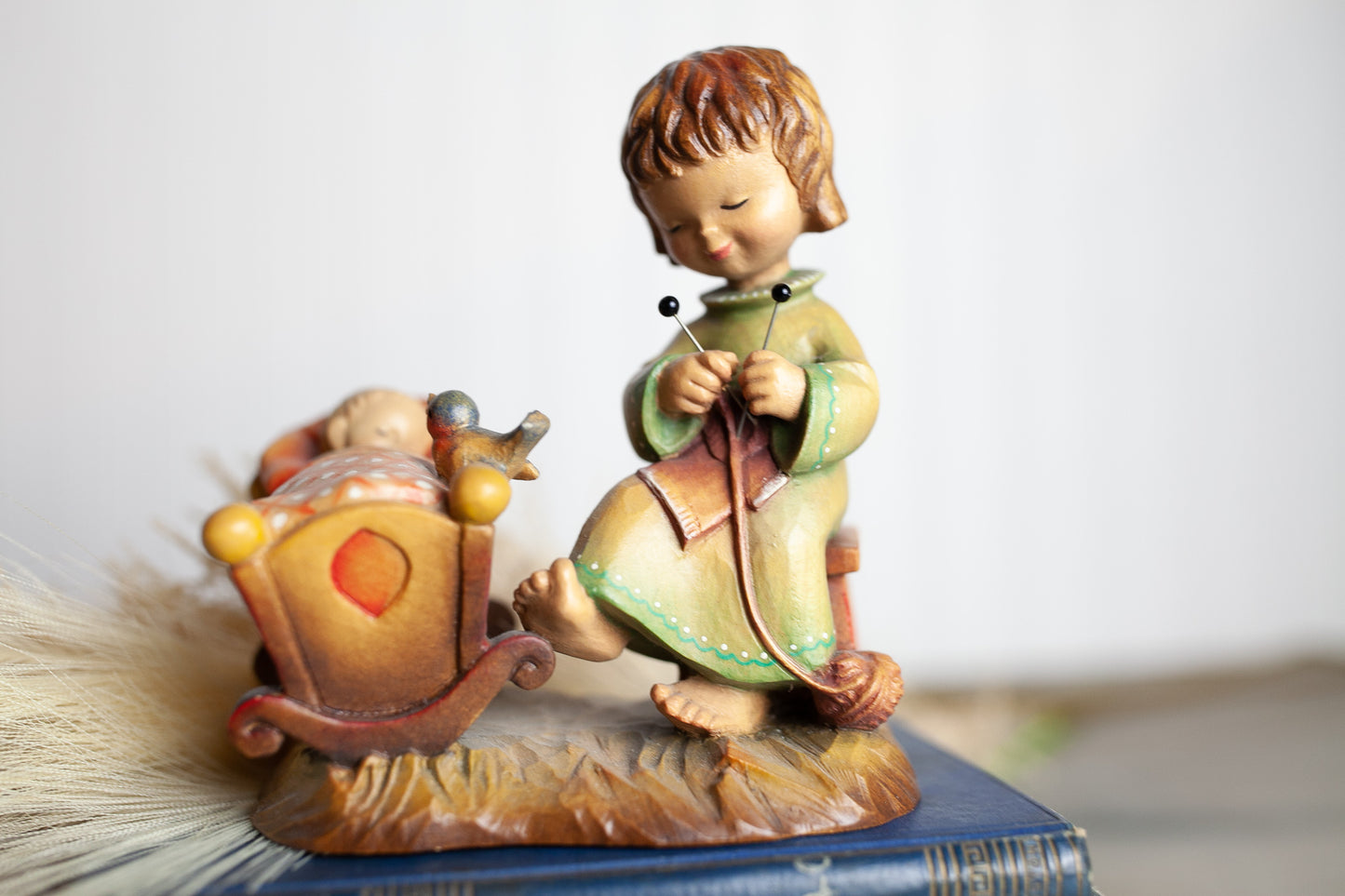 Anri Rock A Bye Baby Girl Knitting Rocking Cradle Italy Figurine 6" Wood Carving  - ANRI figurine