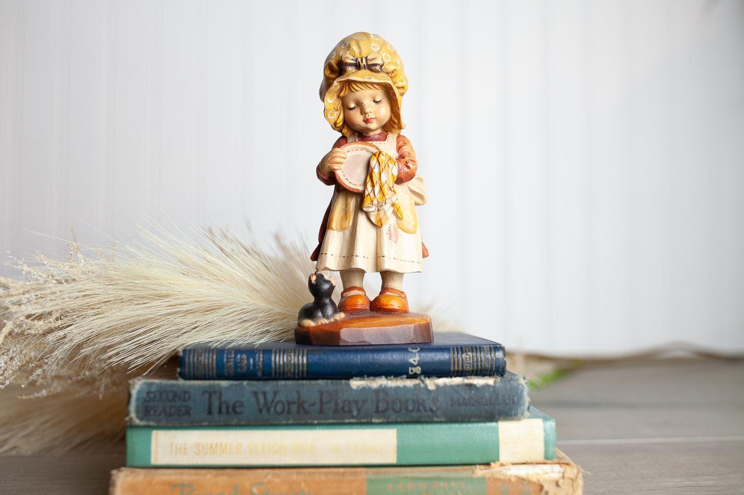 Anri Sarah Kay Hand Carved Wood 'Helping Mother' Figurine -Girl Wiping Dry a Plate -Signed Limited Edition -made in Italy