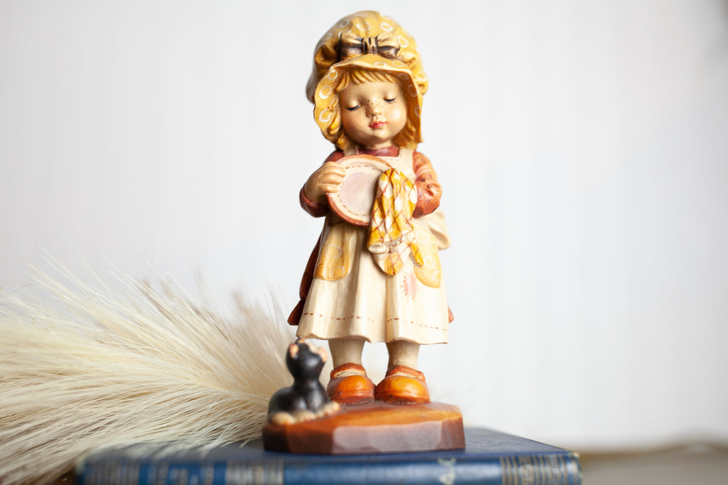 Anri Sarah Kay Hand Carved Wood 'Helping Mother' Figurine -Girl Wiping Dry a Plate -Signed Limited Edition -made in Italy