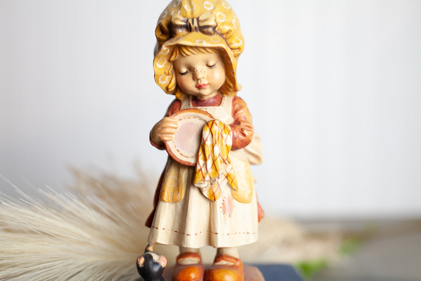 Anri Sarah Kay Hand Carved Wood 'Helping Mother' Figurine -Girl Wiping Dry a Plate -Signed Limited Edition -made in Italy