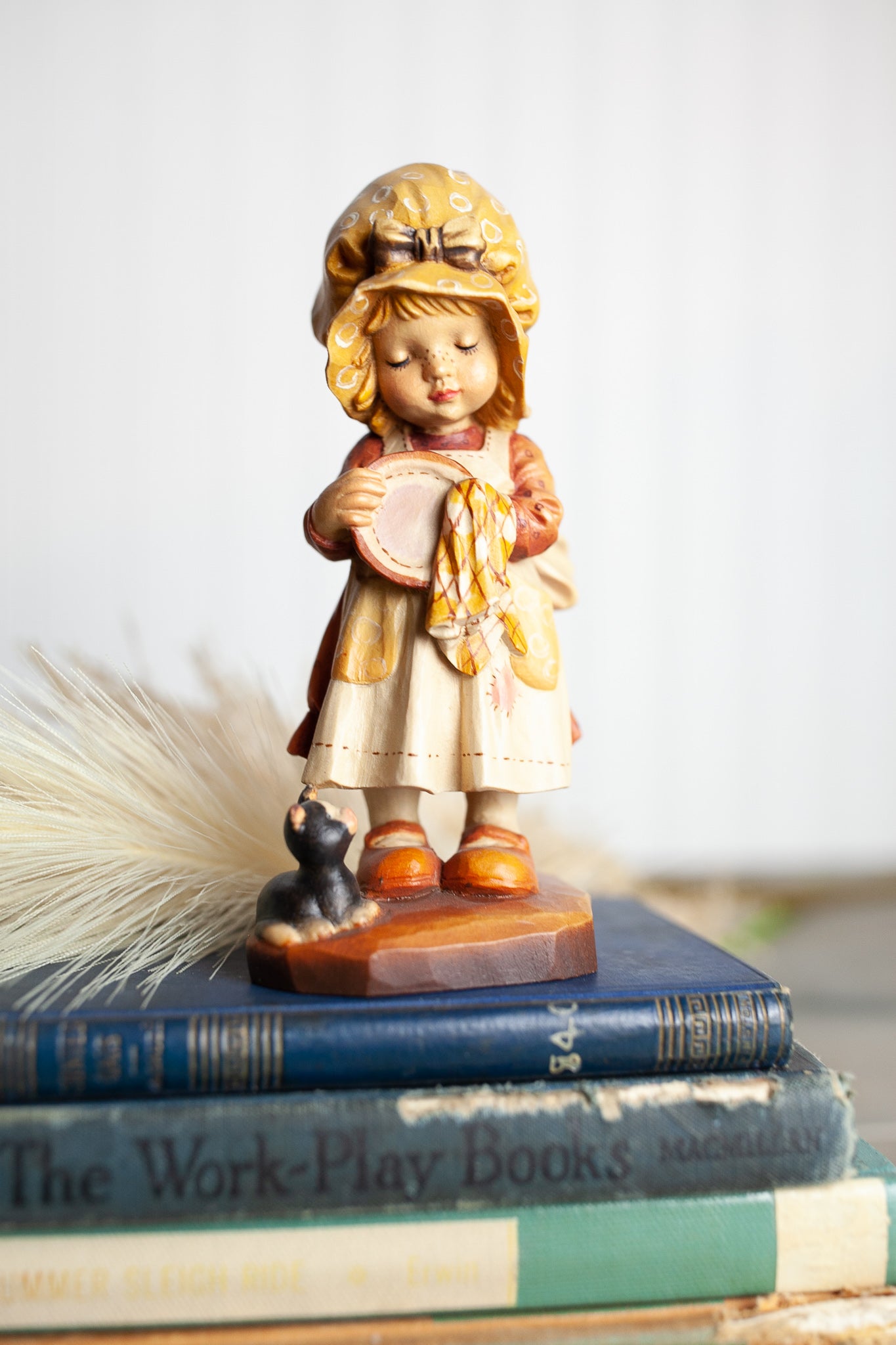 Anri Sarah Kay Hand Carved Wood 'Helping Mother' Figurine -Girl Wiping Dry a Plate -Signed Limited Edition -made in Italy