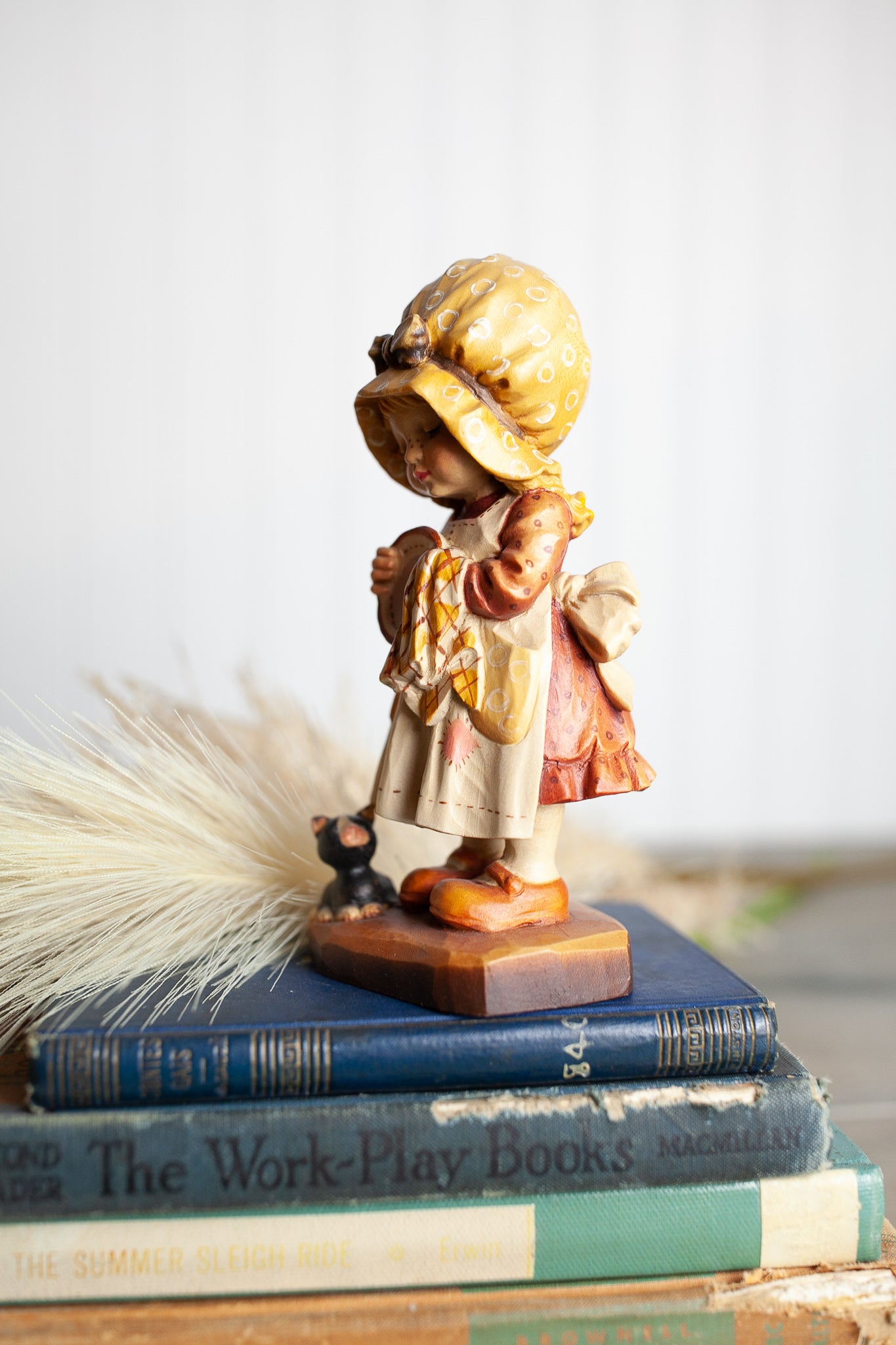 Anri Sarah Kay Hand Carved Wood 'Helping Mother' Figurine -Girl Wiping Dry a Plate -Signed Limited Edition -made in Italy