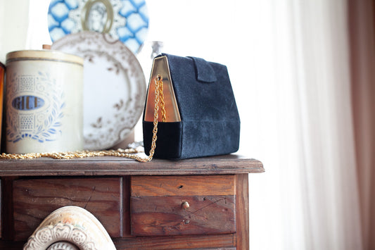 Vintage Evening Purse- Suede Black and Gold Purse