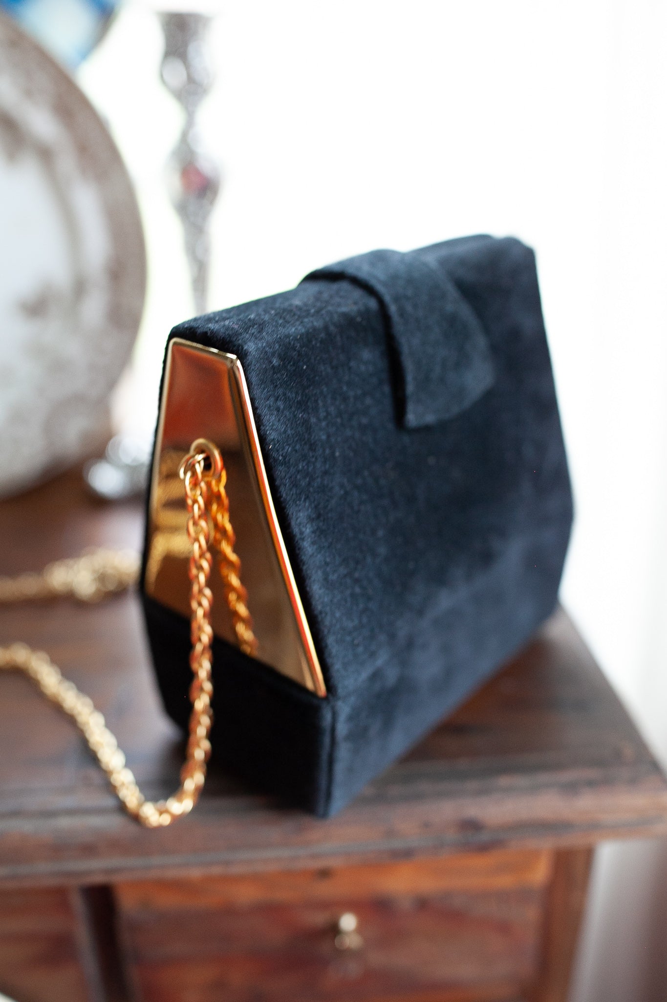 Vintage Evening Purse- Suede Black and Gold Purse