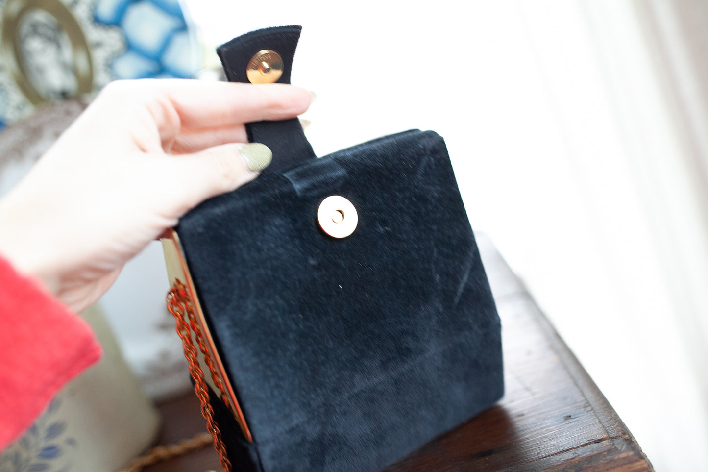 Vintage Evening Purse- Suede Black and Gold Purse