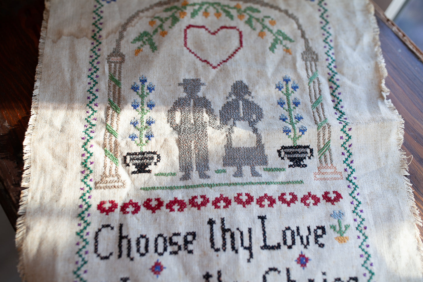 Antique Cross Stitch -Choose Thy Love Love Thy Choice - Vintage Sampler