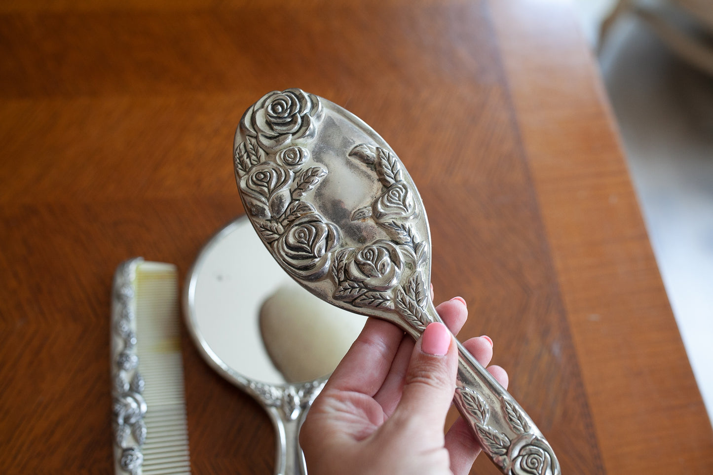 Vintage Mirror and Comb Set - Vanity Set - Silver hand mirror - Comb - Silver brush