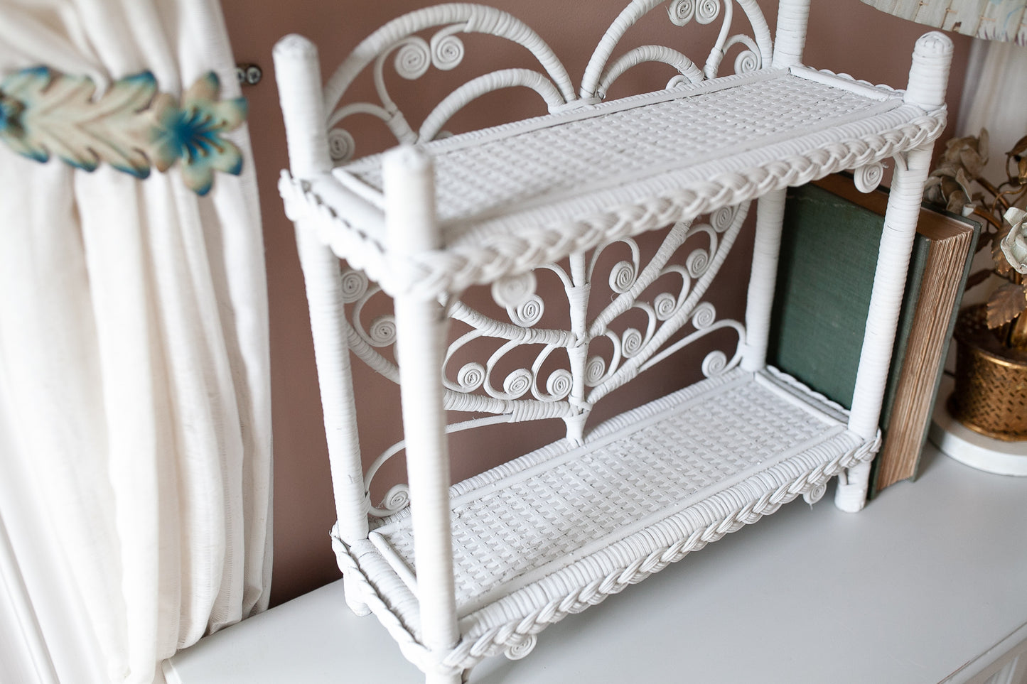 Vintage Wicker Shelf -Wall Shelf - Open Shelving- White Wicker Heart