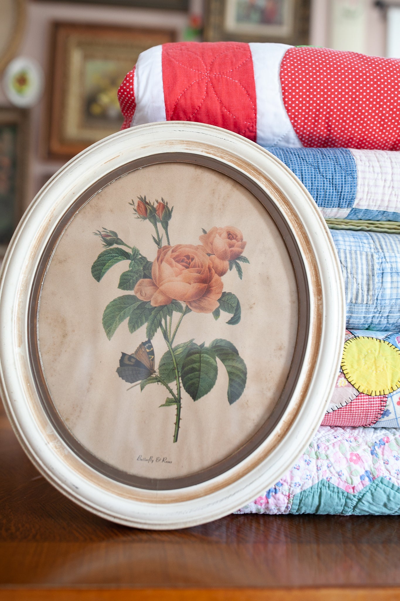 Vintage Floral Art- Rose Print- Butterfly and Roses- Oval Frame