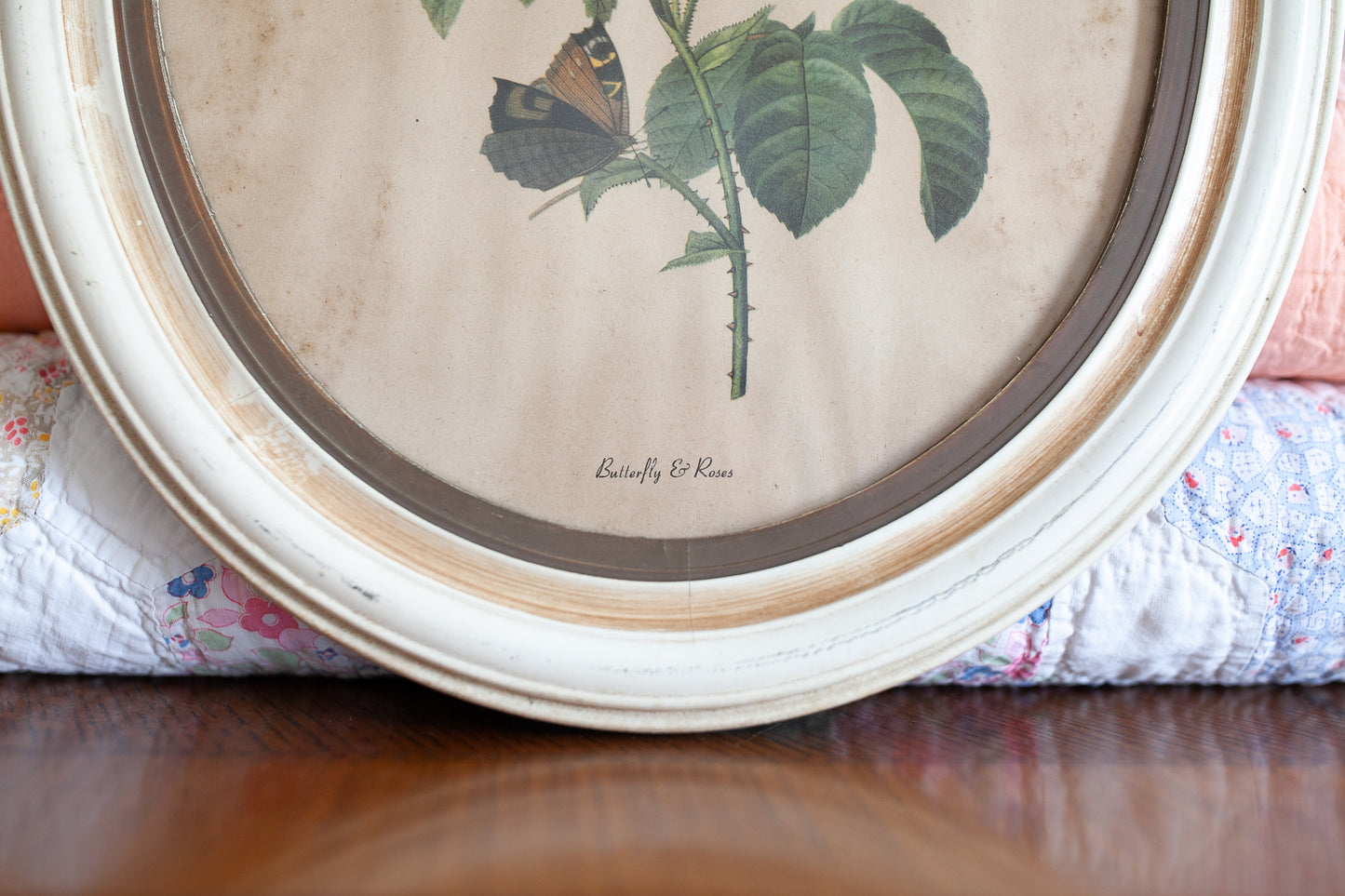 Vintage Floral Art- Rose Print- Butterfly and Roses- Oval Frame