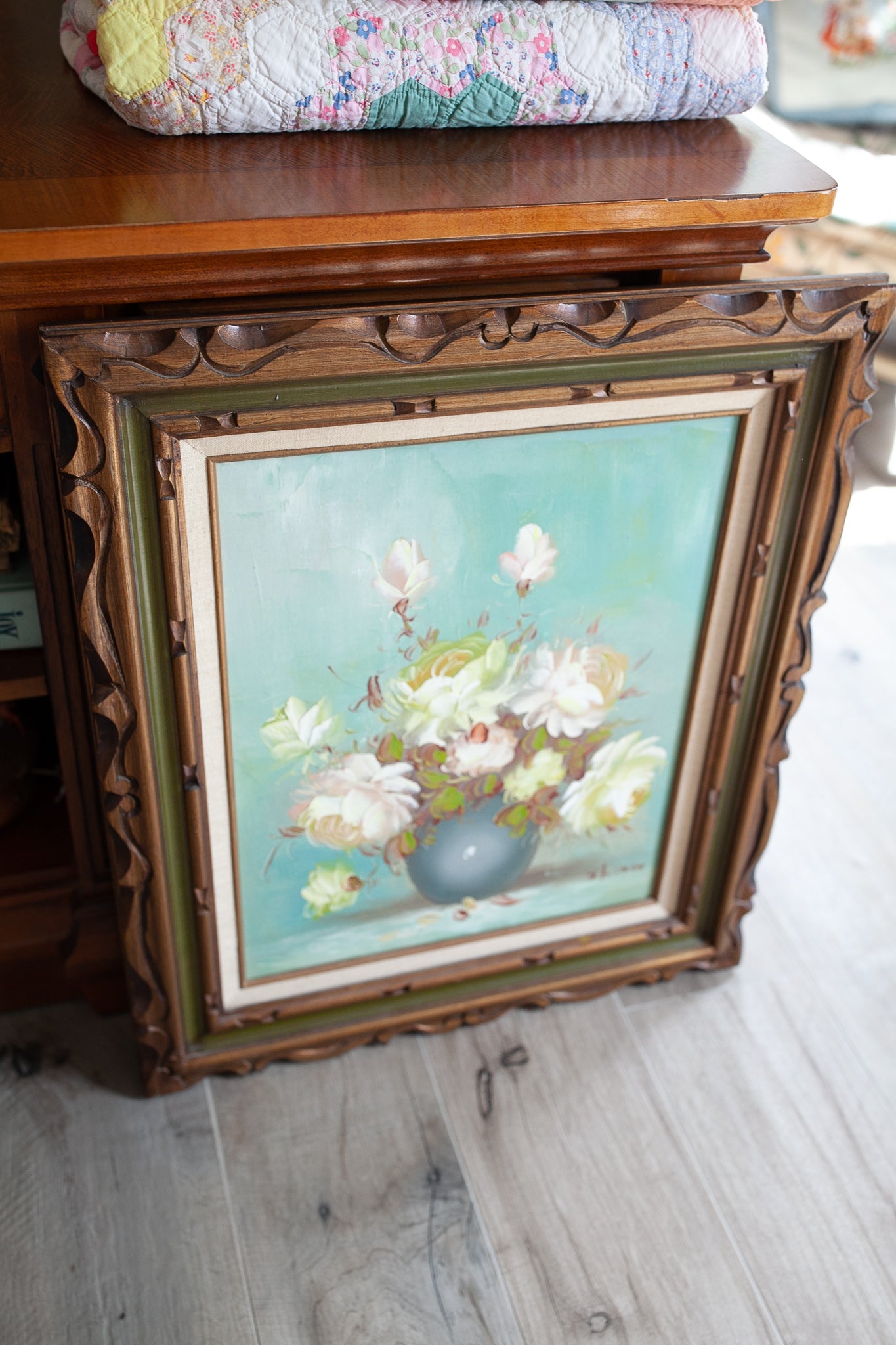 Vintage Floral- Large Framed Floral Painting- Wood Frame- Rose Painting