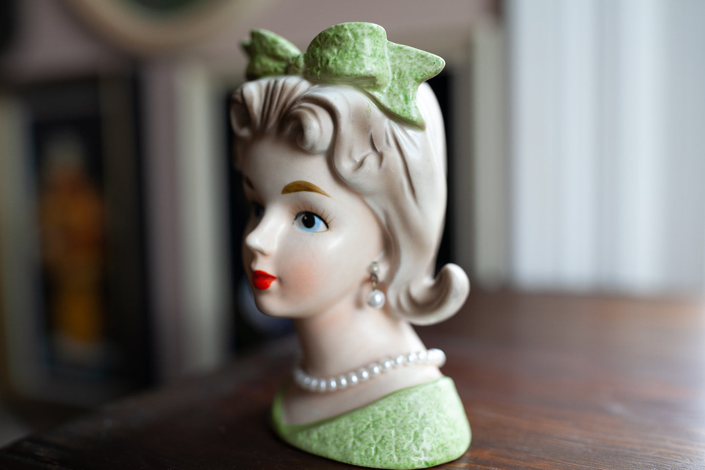 Vintage Lady Head Vase - Green Bow Lady Head Vase -Relpo K1696